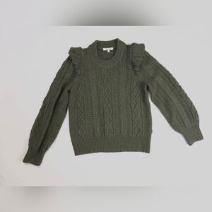 Madewell Hollydene Soft Marino Wool Ruffle Shoulder Sweater Olive Green Small